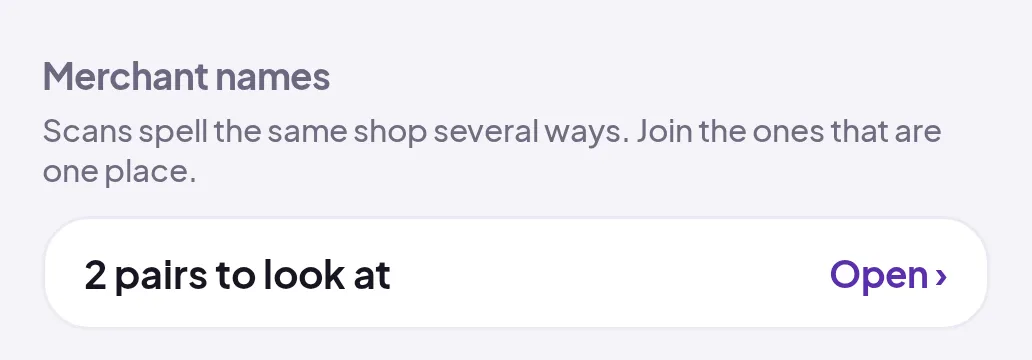 Merchant names section in Settings with a row reading 2 pairs to look at