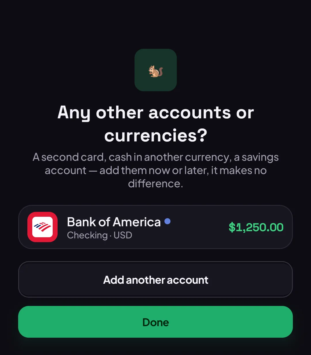 Any other accounts or currencies screen, with Bank of America listed and $1,250 balance