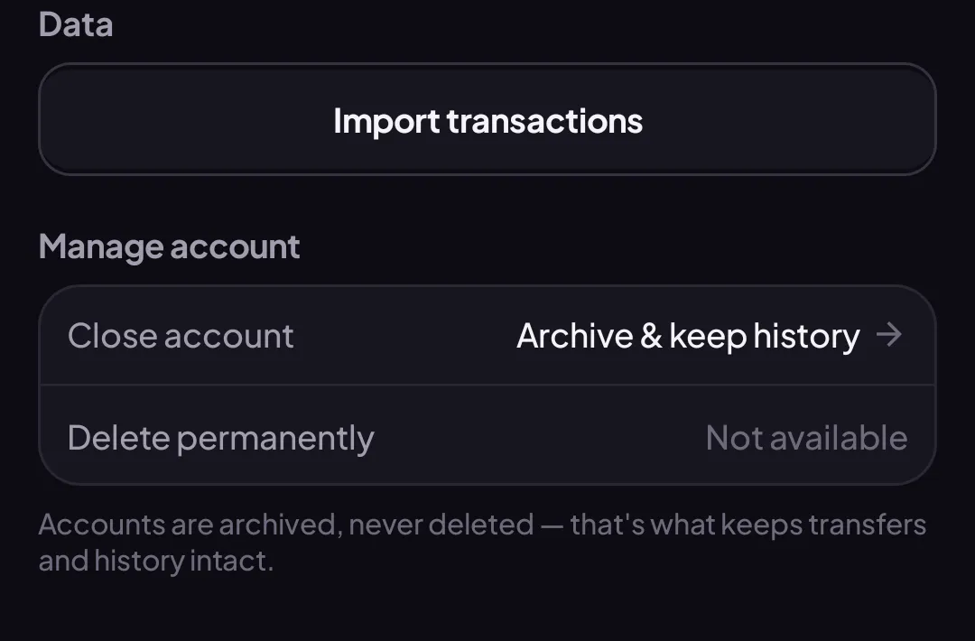 Edit account screen's Manage account section with a Close account row