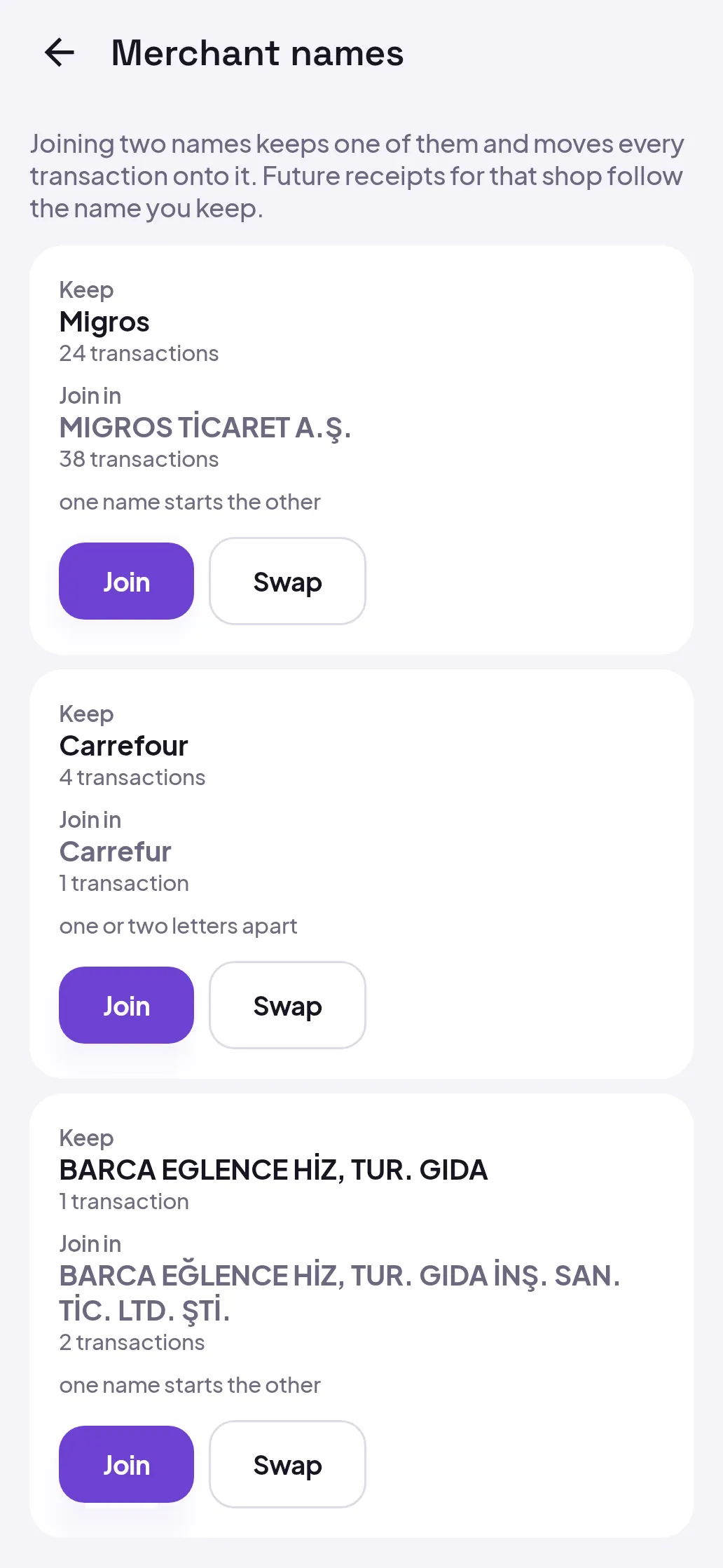 Merchant names screen listing three pairs, each with a Join and a Swap button