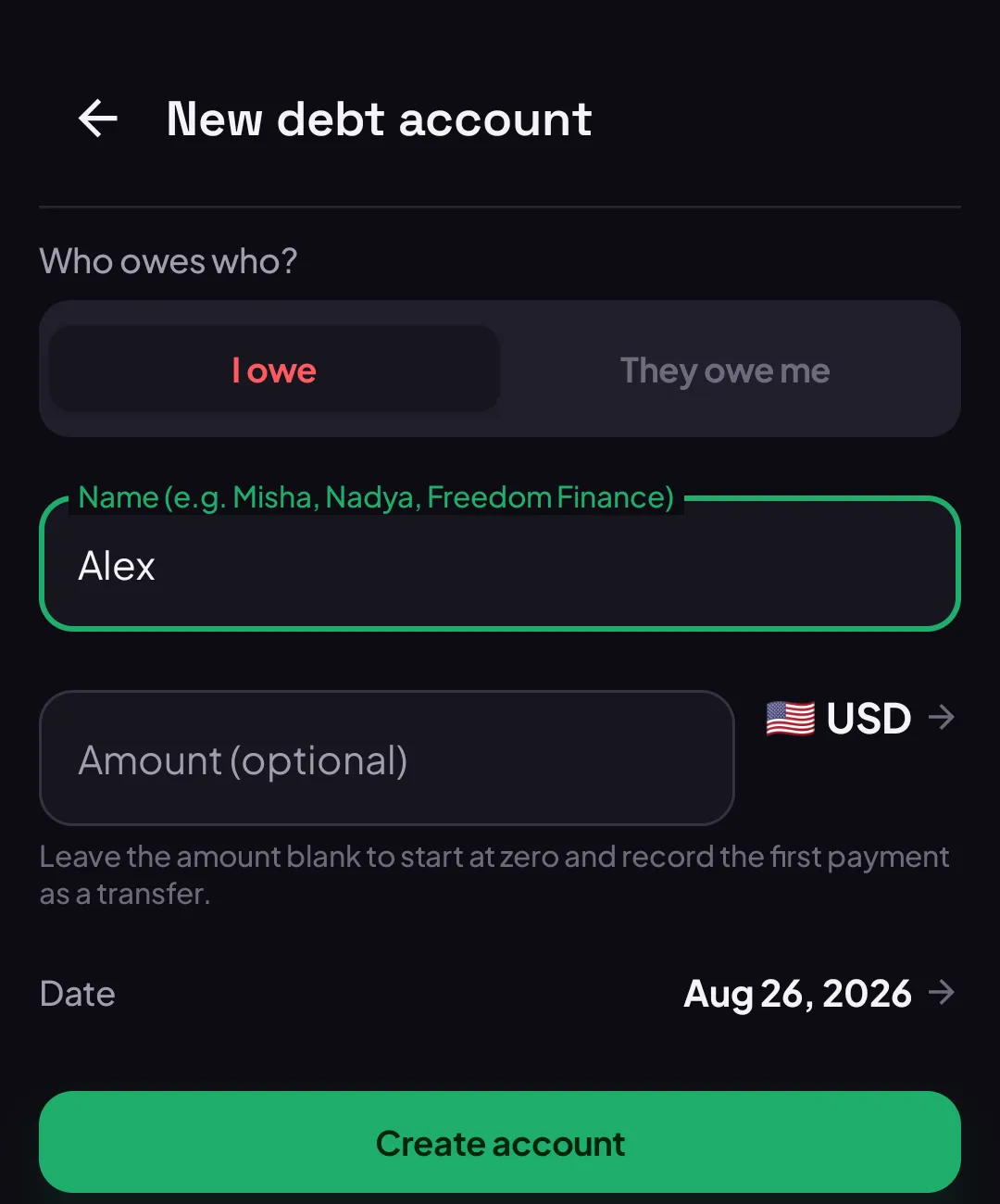 New debt account form with I owe selected and the name Alex typed in