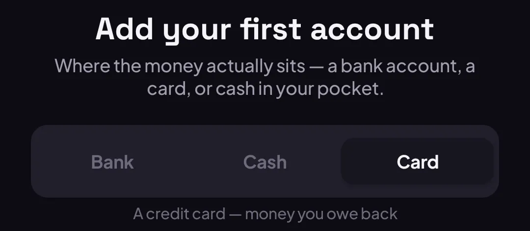 Card type selected, with the description A credit card — money you owe back