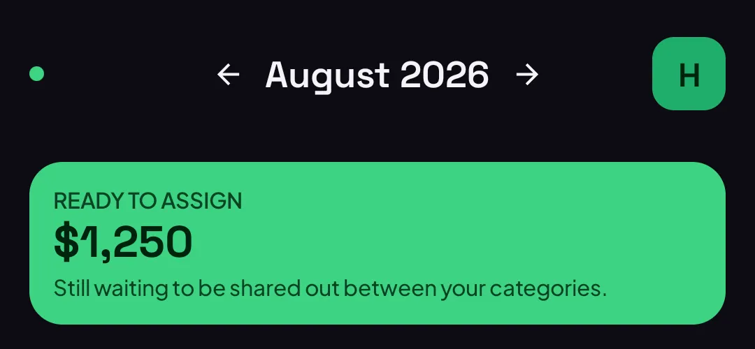 Budget screen showing Ready to Assign with the account's starting balance