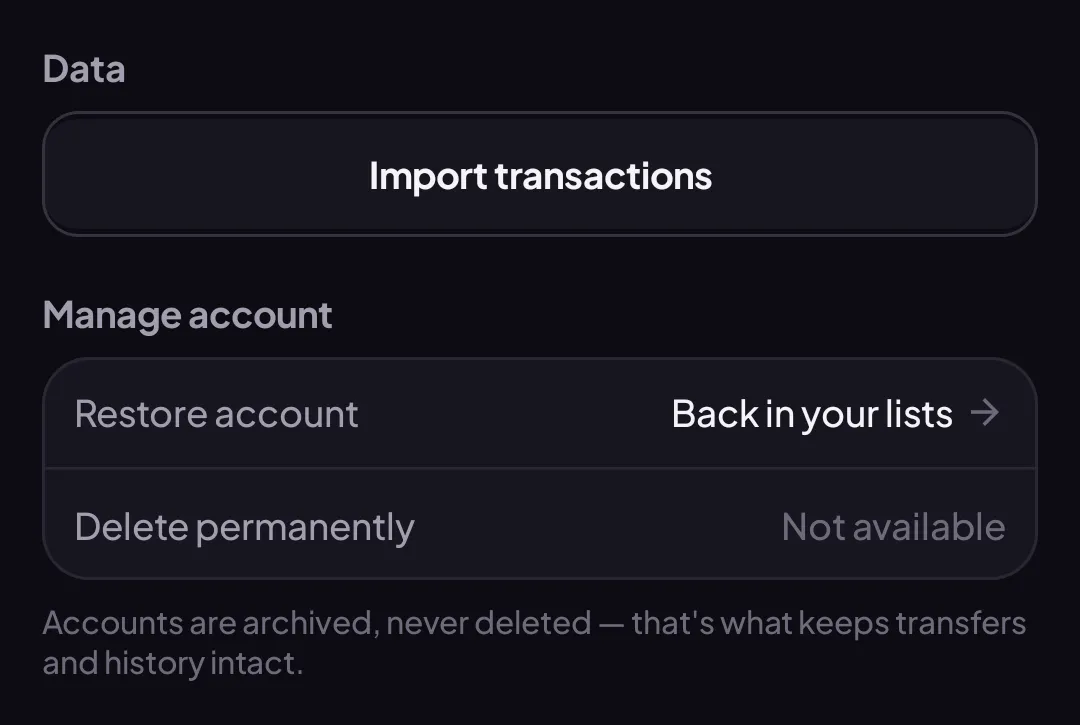 Edit account screen's Manage account section with a Restore account row