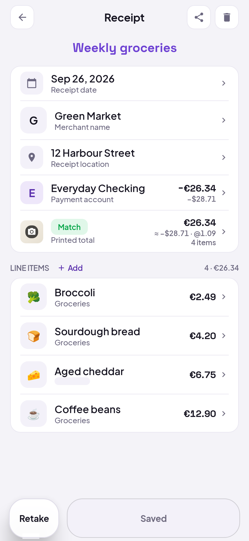 Fili receipt showing the original price and its converted amount