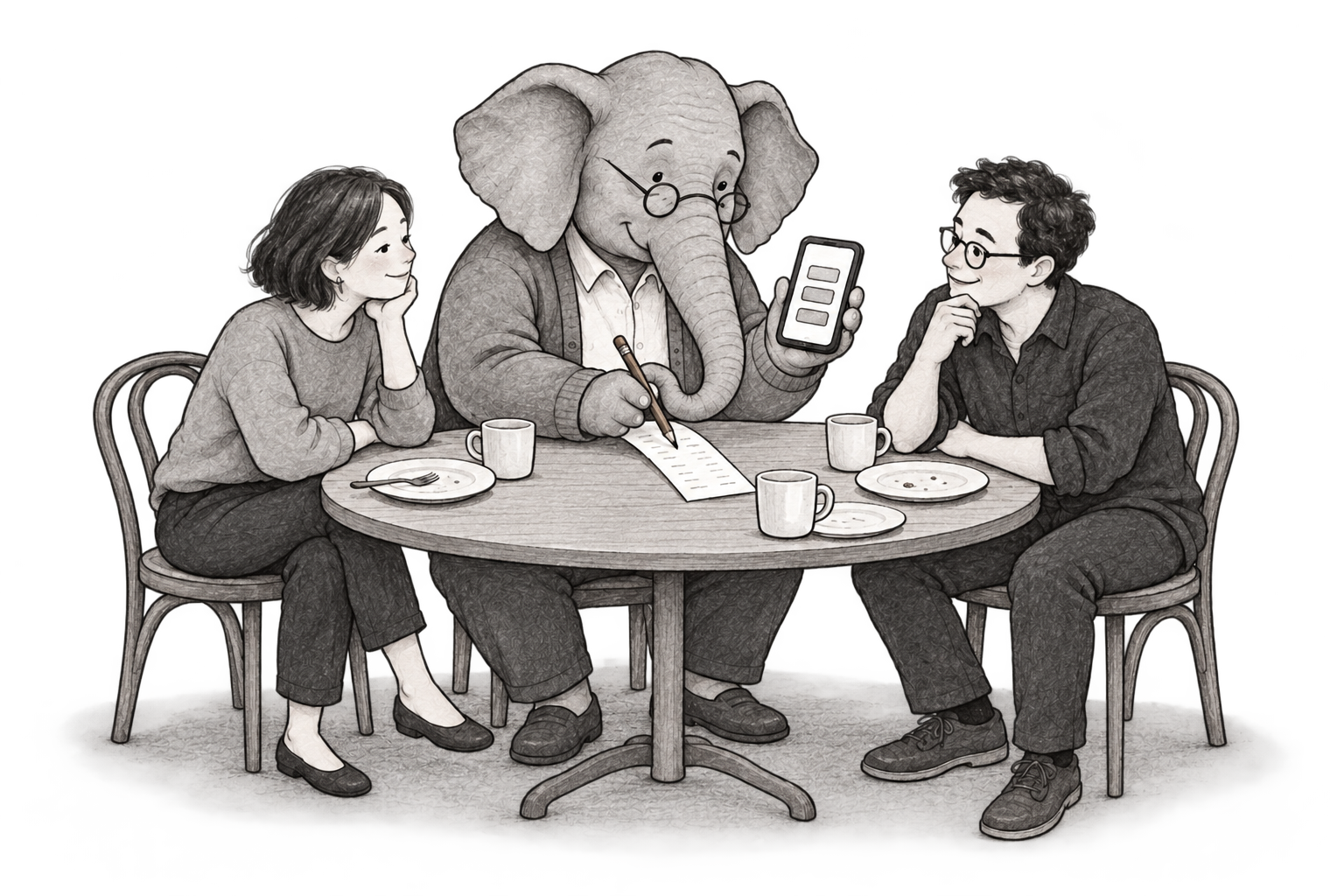 Fili and two friends look over a shared dinner receipt together.
