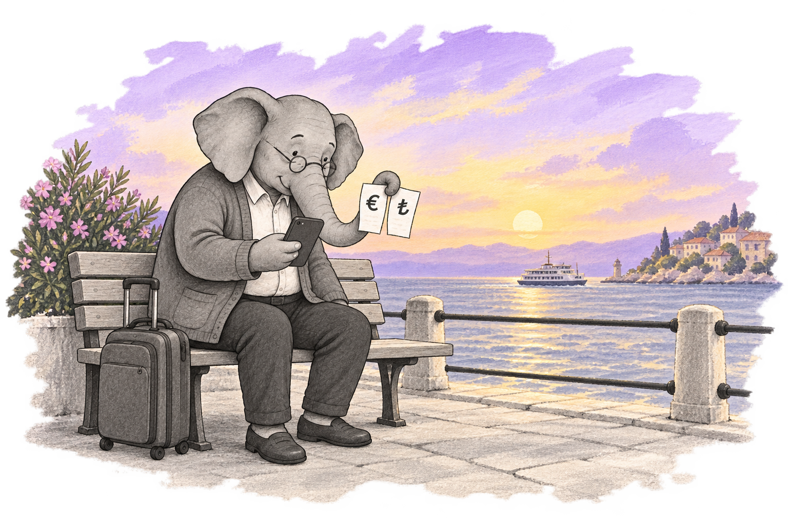 Fili reviews a receipt beside the sea, with a suitcase and a ferry in the distance.
